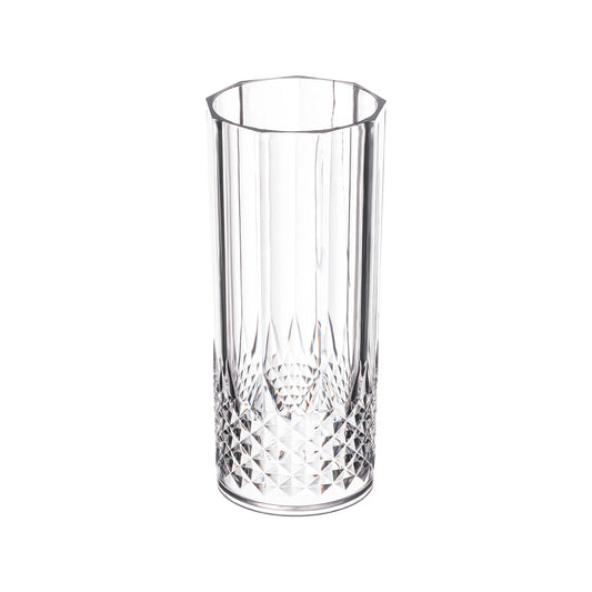 Clear crystal-cut high ball plastic glass with a 14 oz capacity, measuring 3 inches by 6 inches, in a 48-pack