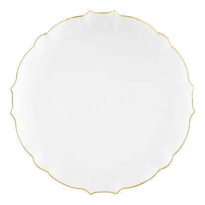 Clear disposable plastic appetizer plates featuring a gold lotus-style rim