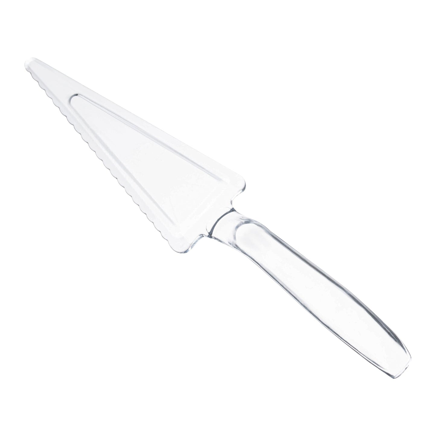 Clear disposable plastic cake cutter and lifter, 9.7 inches long, perfect for serving cakes, pies, and desserts