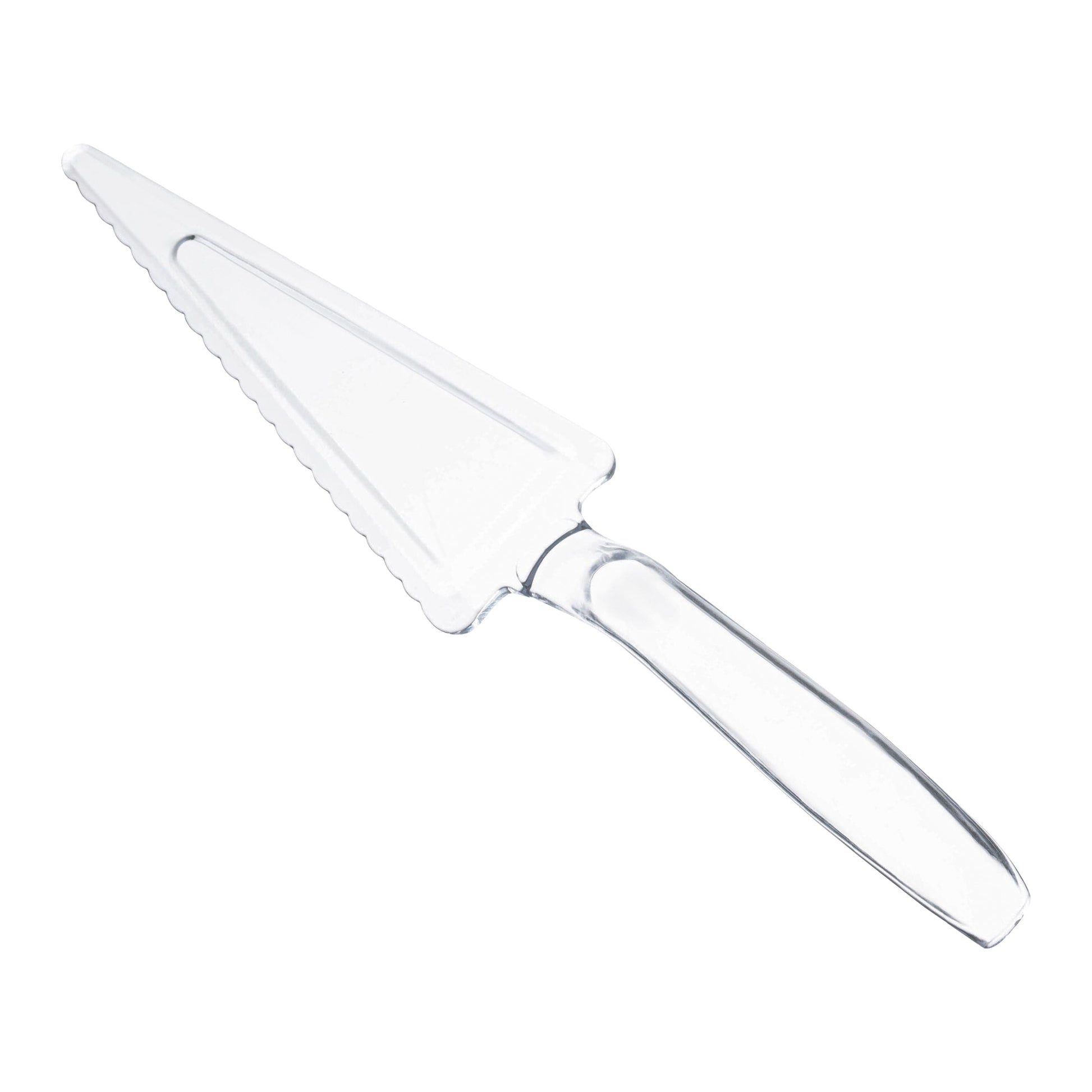Clear disposable plastic cake cutter and lifter, 9.7 inches long, perfect for serving cakes, pies, and desserts