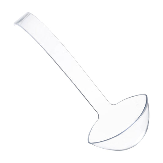 Clear disposable plastic large serving ladle, 8 inches long, perfect for soups, sauces, and punch bowls