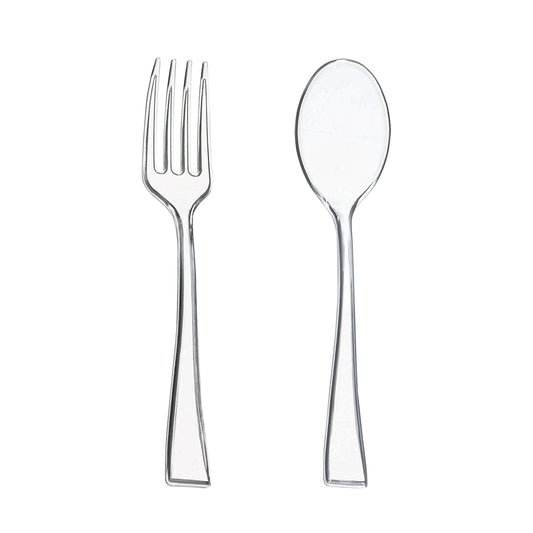 Clear disposable plastic mini flatware set in a 960-count case, each piece measuring 4", perfect for appetizers, desserts, and tastings
