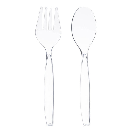 Clear disposable plastic serving flatware set in a 150-count case, each piece measuring 9.75", perfect for events and gatherings