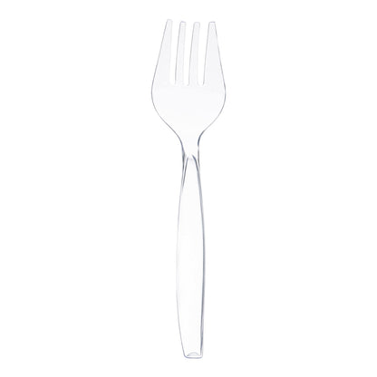 Clear disposable plastic serving fork, 9.75 inches long, ideal for buffets and catering, sold in a case of 150.