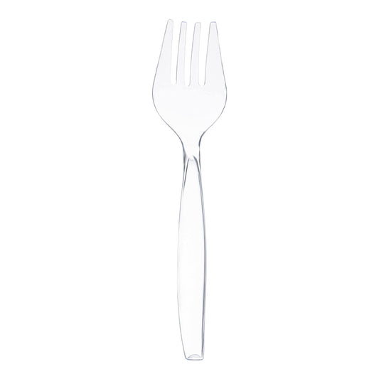 Clear disposable plastic serving fork, 9.75 inches long, ideal for buffets and catering, sold in a case of 150.