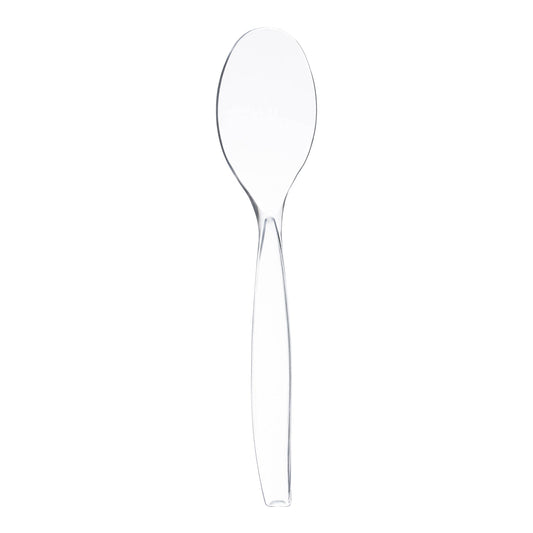 Clear disposable plastic serving spoon, 9.75 inches long, ideal for parties and catering, sold in a case of 150.