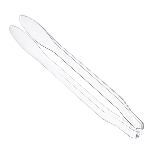 Clear disposable plastic serving tongs, ideal for buffets, catering, and versatile food service