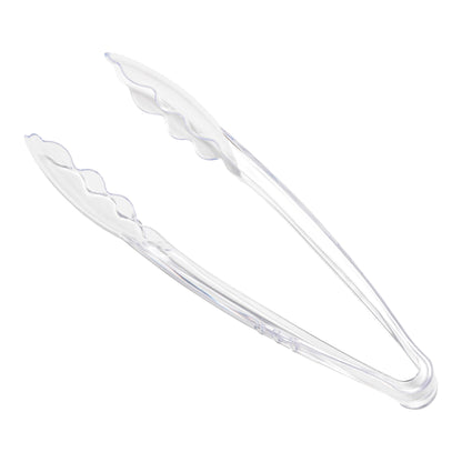 Clear disposable plastic serving tongs, perfect for serving salads, desserts, and more at any event