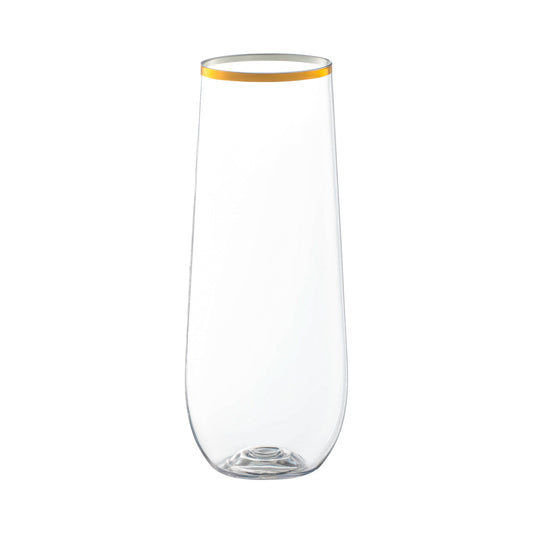 Clear disposable stemless plastic champagne flutes with gold accents, 9-ounce size, perfect for toasts and parties