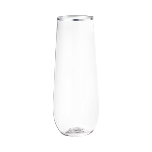 Clear disposable stemless plastic champagne flutes with silver accents, 9-ounce size