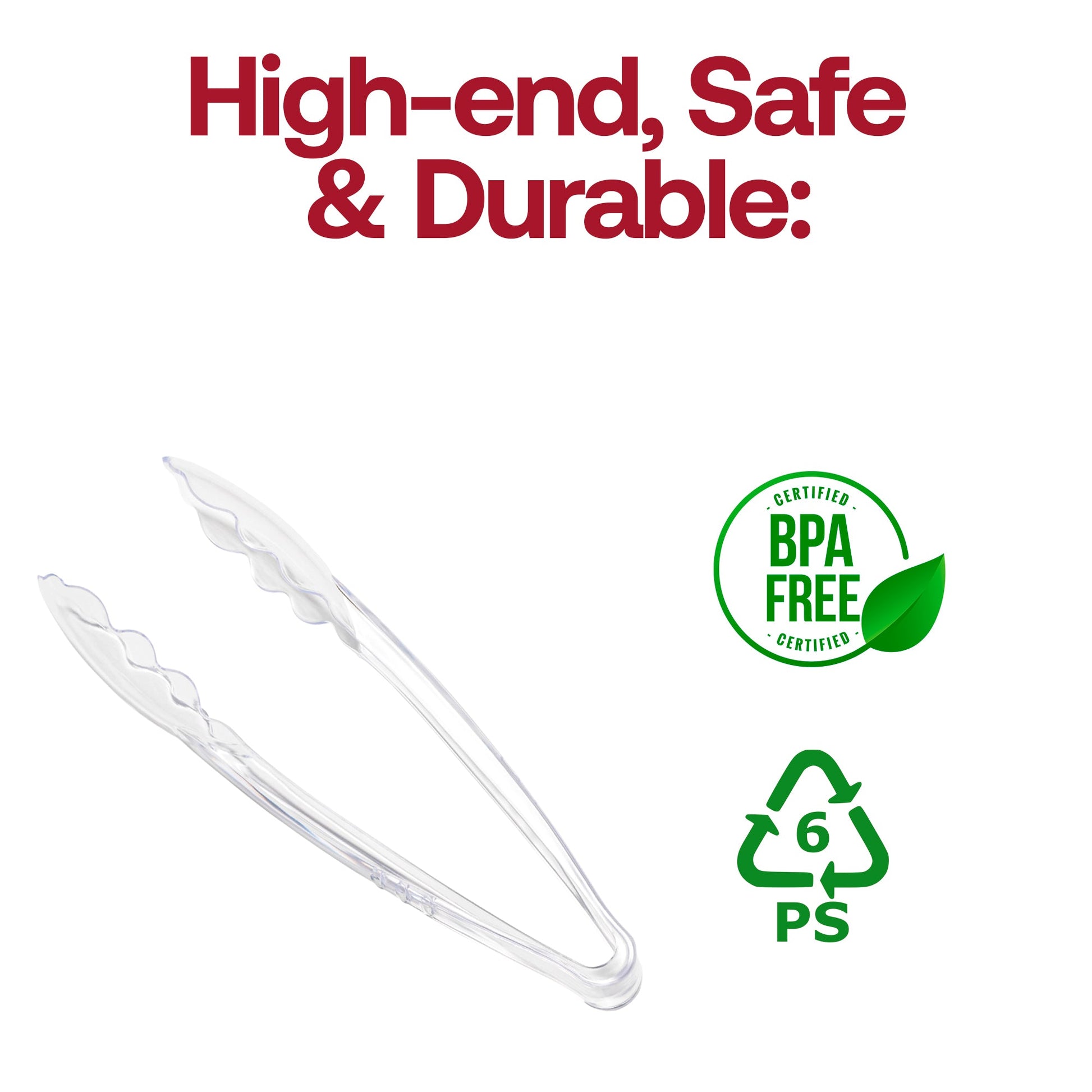 Clear disposable tongs in use at a buffet setup, designed to suit all occasions from casual to formal