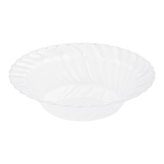 Clear flair plastic dessert bowls, 5 oz. size, 5 inches wide, sold in a 180-pack, great for serving puddings, fruit, or small treats