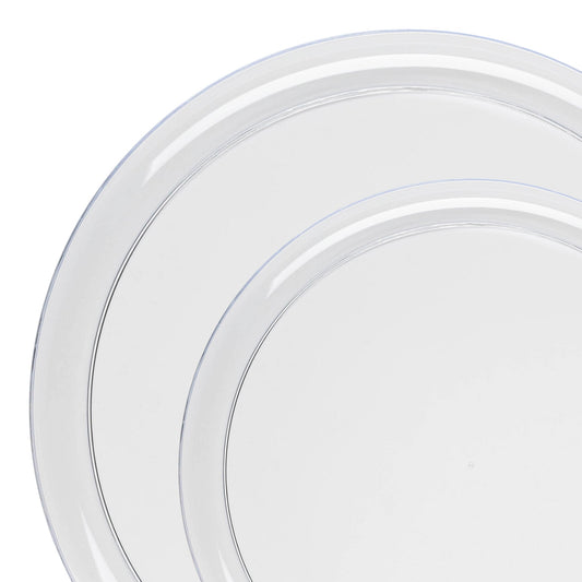 Clear flat round disposable plastic dinnerware set with 10” dinner plates and 8.5” salad plates, case of 120 each