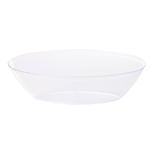 Clear oval plastic serving bowl with 64 oz capacity, perfect for serving large portions of salads, pasta, or snacks