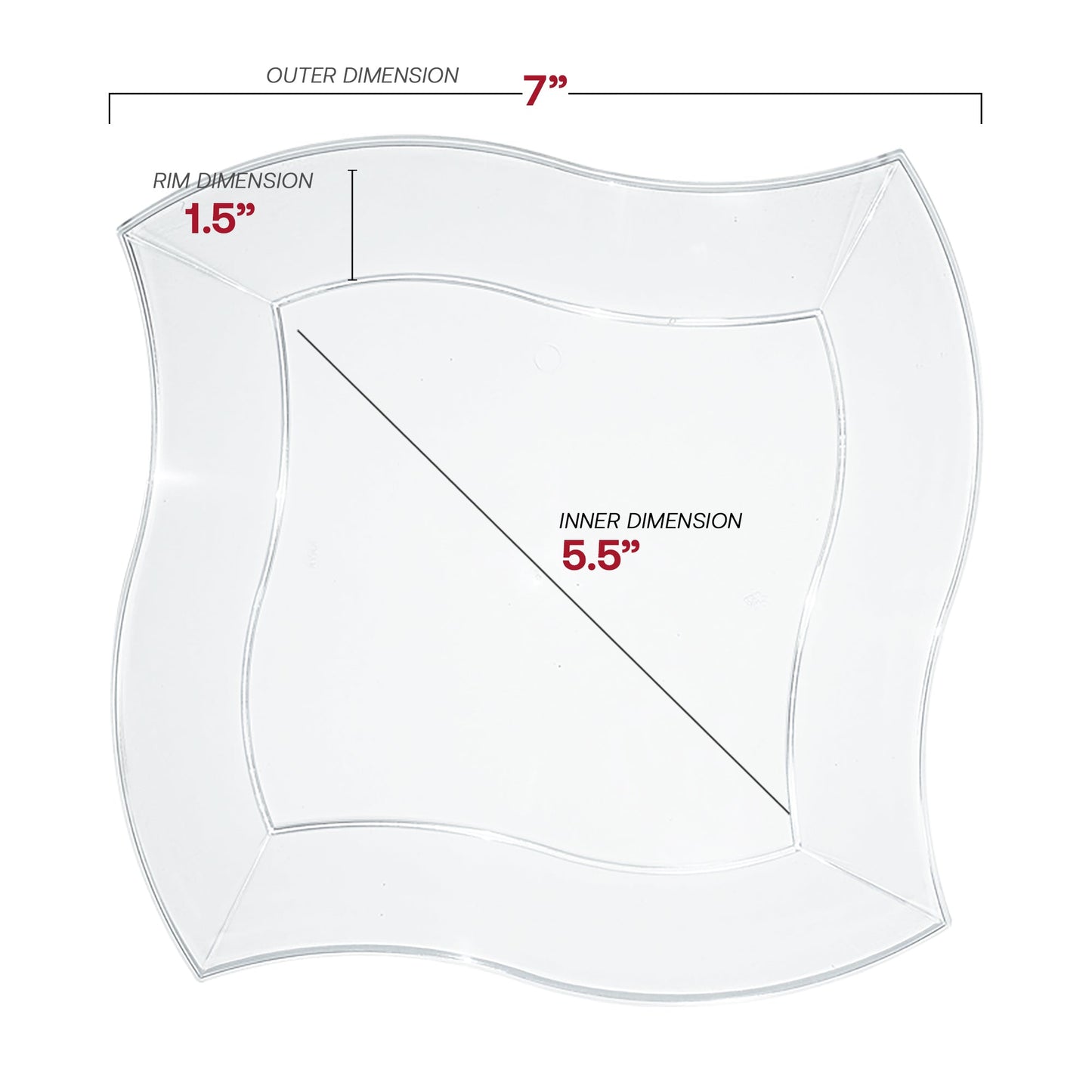 Clear plastic 7-inch square plate with a sleek wave detail, great for elegant appetizers and finger foods