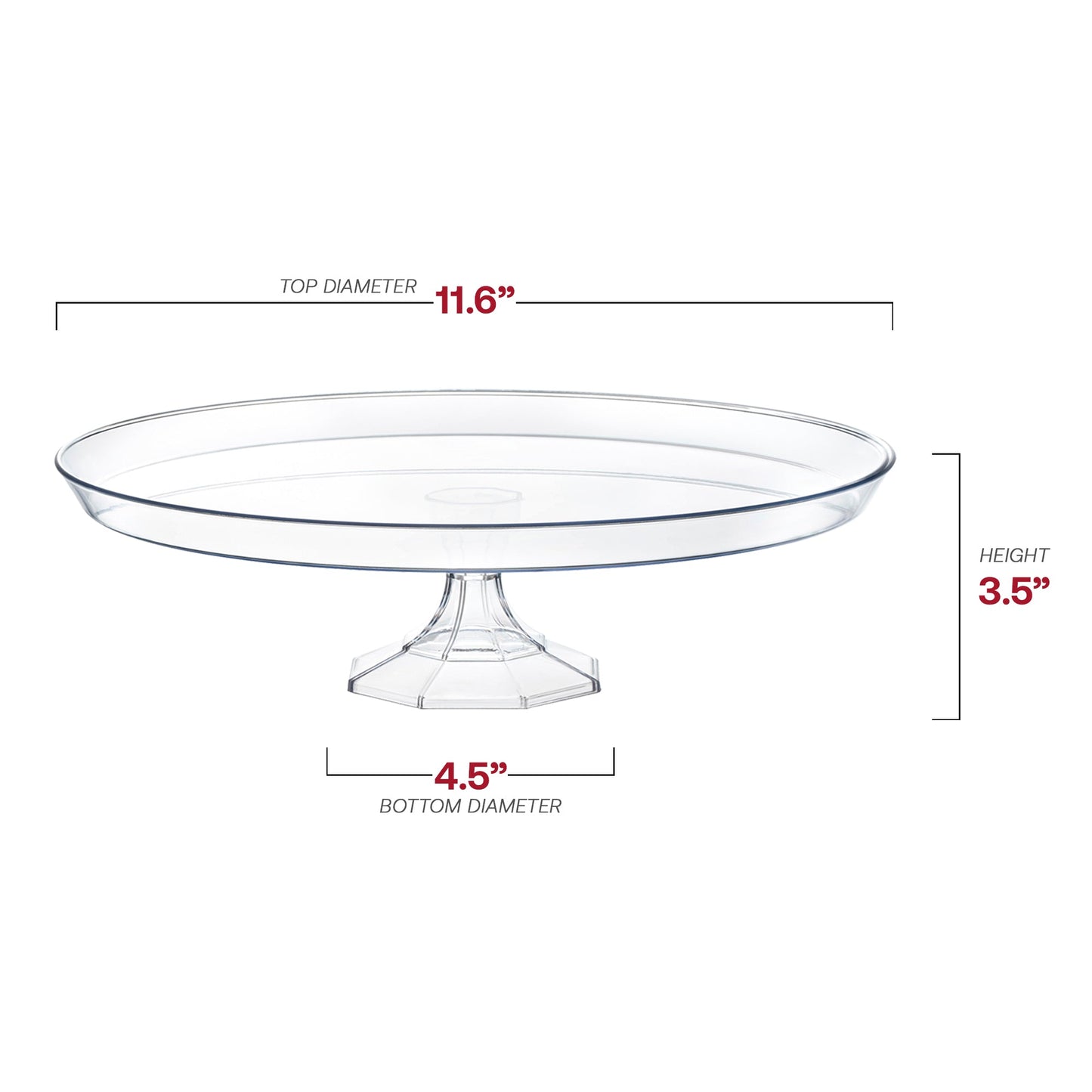 Clear plastic cake stand made from BPA-free, recyclable material, suitable for eco-conscious event serving