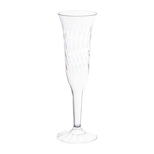 Clear plastic champagne flutes, 5 oz. capacity, case of 96, perfect for toasting at weddings, anniversaries, and festive gatherings