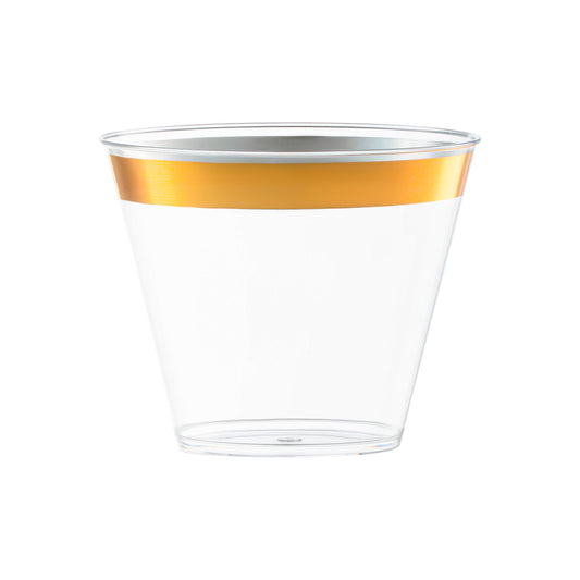 Clear plastic cups with a metallic gold rim, 9 oz, adding a touch of elegance to upscale gatherings and cocktail parties