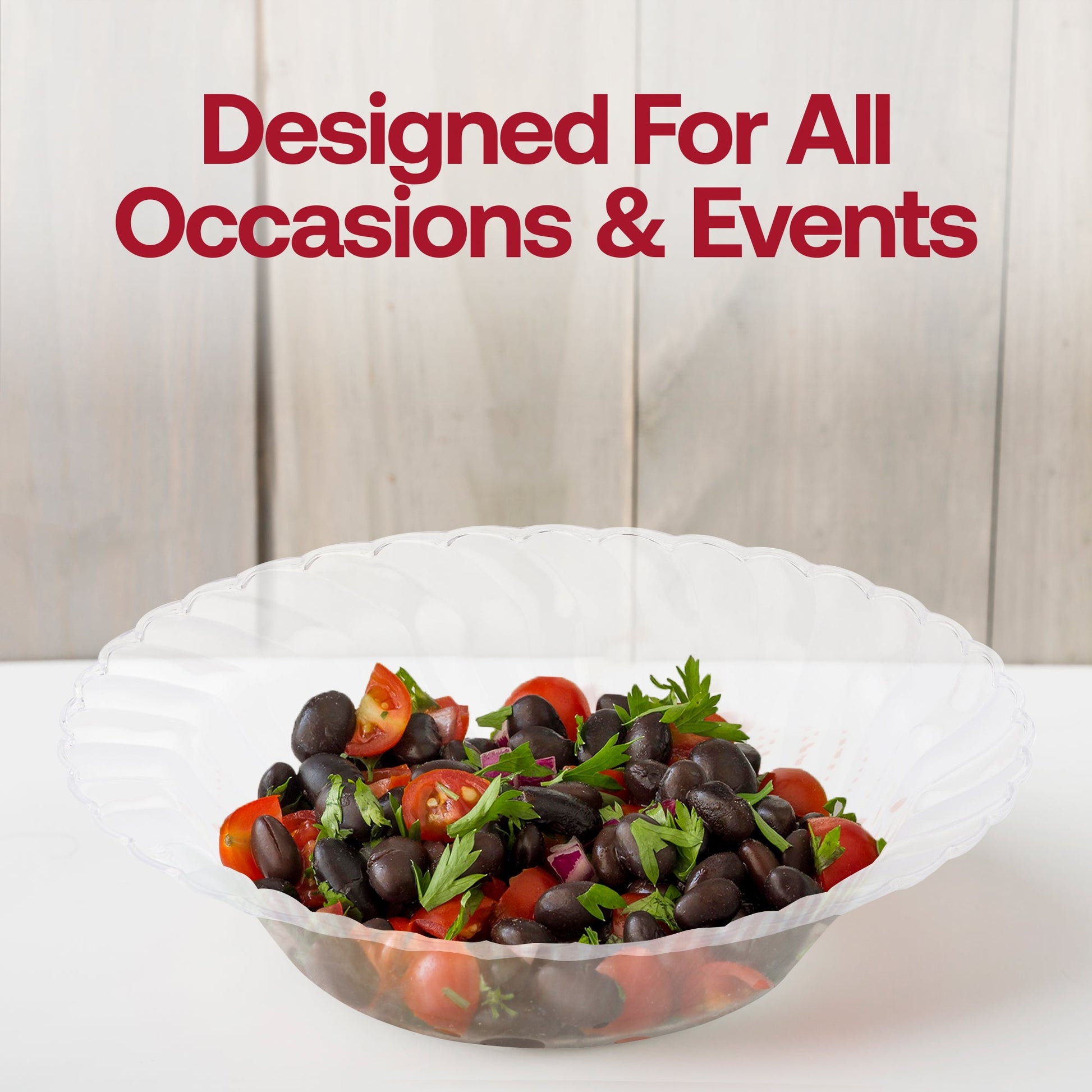 Clear plastic dessert bowls with a 5-inch diameter and 5 oz. capacity, flared edge design, sold in a bulk pack of 180