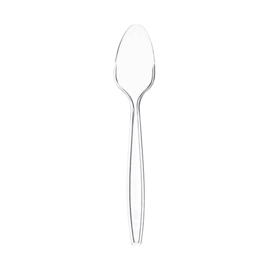 Clear plastic disposable spoons, 6 inches long, perfect for parties, catering, and everyday use