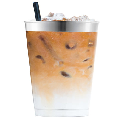 Clear plastic disposable tumblers with a sleek metallic silver rim, 10 oz size, round shape