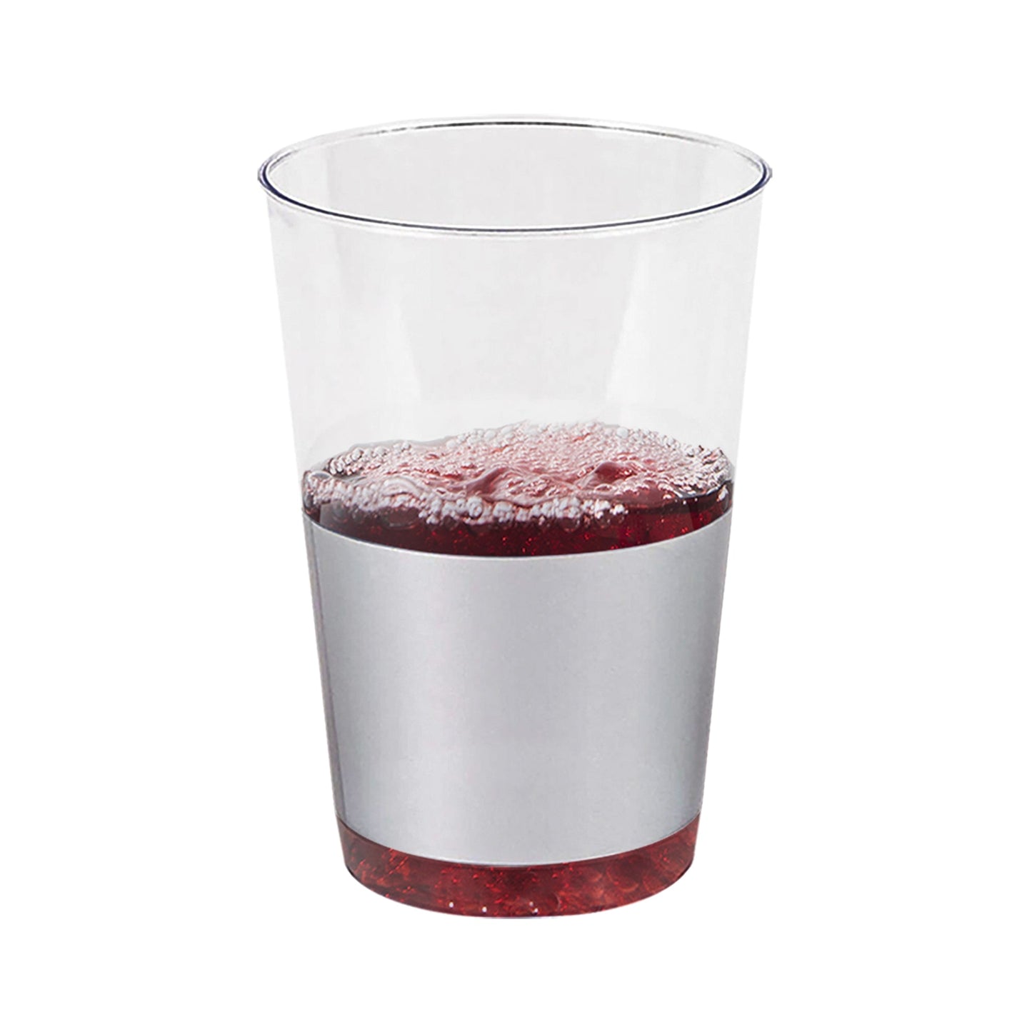Clear plastic disposable tumblers with a sturdy metallic silver thick base, 12 oz size, round shape