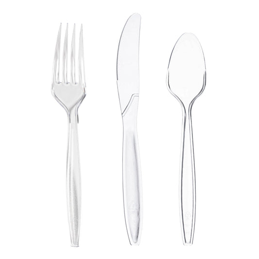 Clear plastic forks, knives, and spoons, a bulk 1,000-piece disposable set perfect for catering and parties