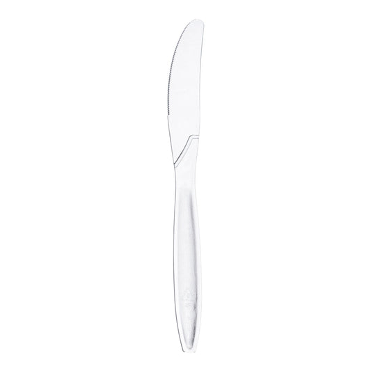 Clear plastic knives with a polished design, ideal for fancy table settings, catered events, and upscale dining