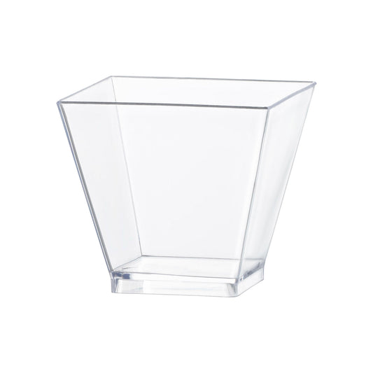 Clear plastic mini verrine sample cube cups, 2" x 2", 2 oz capacity, perfect for serving small samples or desserts, 240 cups per case.
