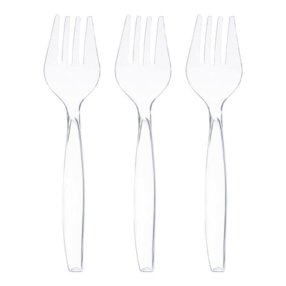 Clear plastic serving fork, 9.75 inches, durable and disposable, perfect for buffets and parties, case of 150.