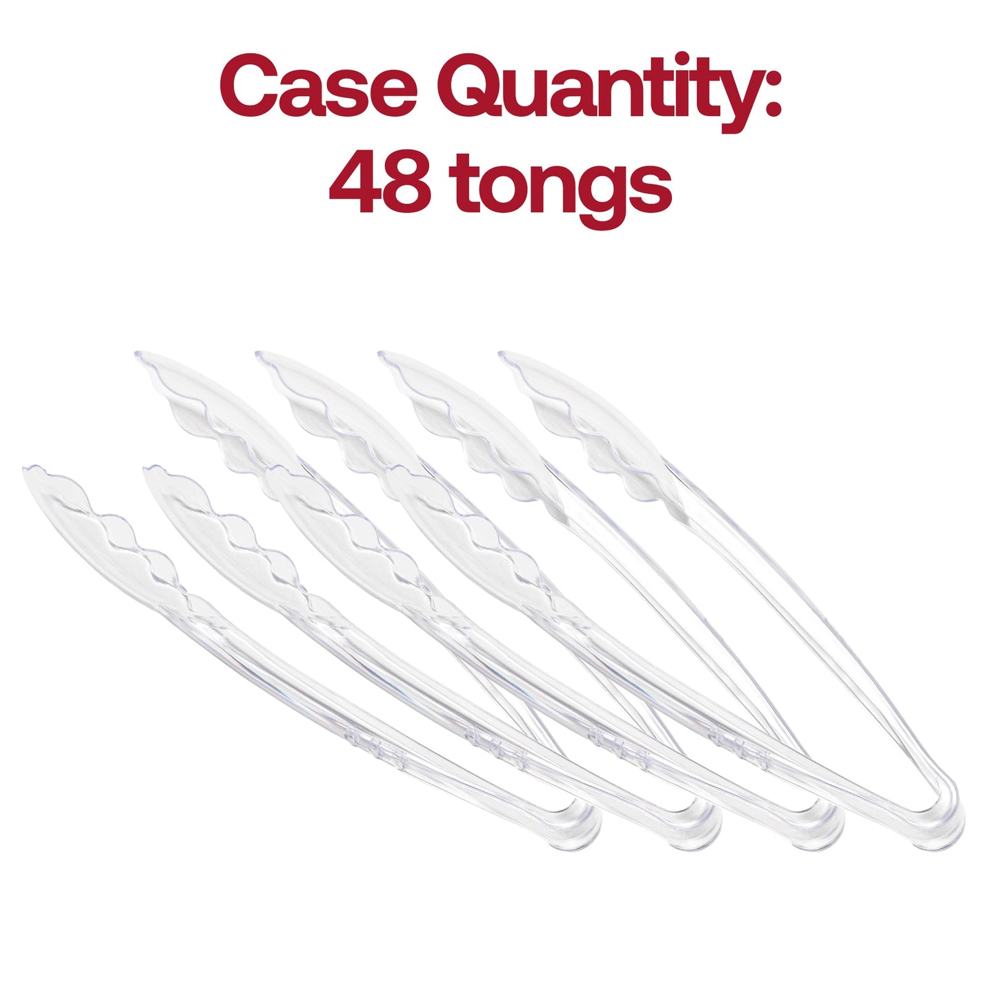 Clear plastic serving tongs measuring 9 inches in length, designed for easy and controlled food handling