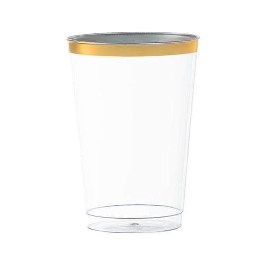 Clear plastic tumblers with an elegant metallic gold rim, 12 oz capacity, round shape, and disposable convenience