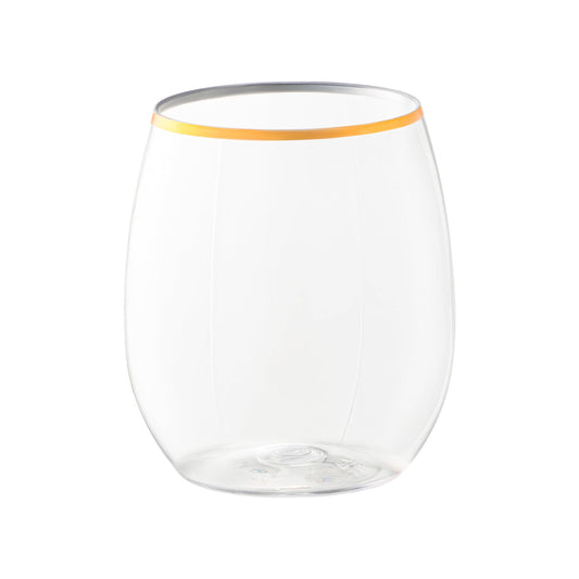 Clear plastic wine glasses with a fancy gold trim, 12 oz capacity, stemless design