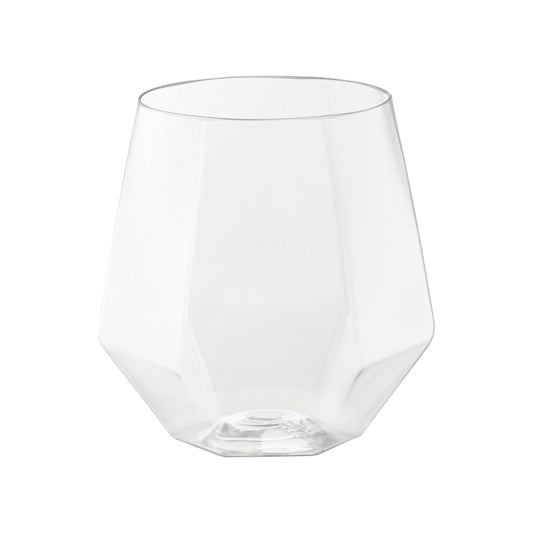 Clear plastic wine goblets featuring a modern hexagonal shape, 12 oz capacity