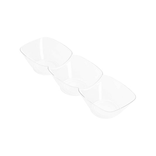 Clear rectangular 3-hole mini plastic bowls, 8.5" in size, perfect for serving appetizers, snacks, or desserts, 240 bowls per case.
