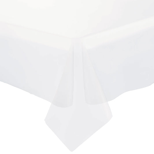 Clear rectangular disposable plastic tablecloth measuring 54" x 108", ideal for covering standard banquet tables.