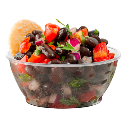 Clear round 6 oz plastic dessert bowls with a floral design, disposable and perfect for parties