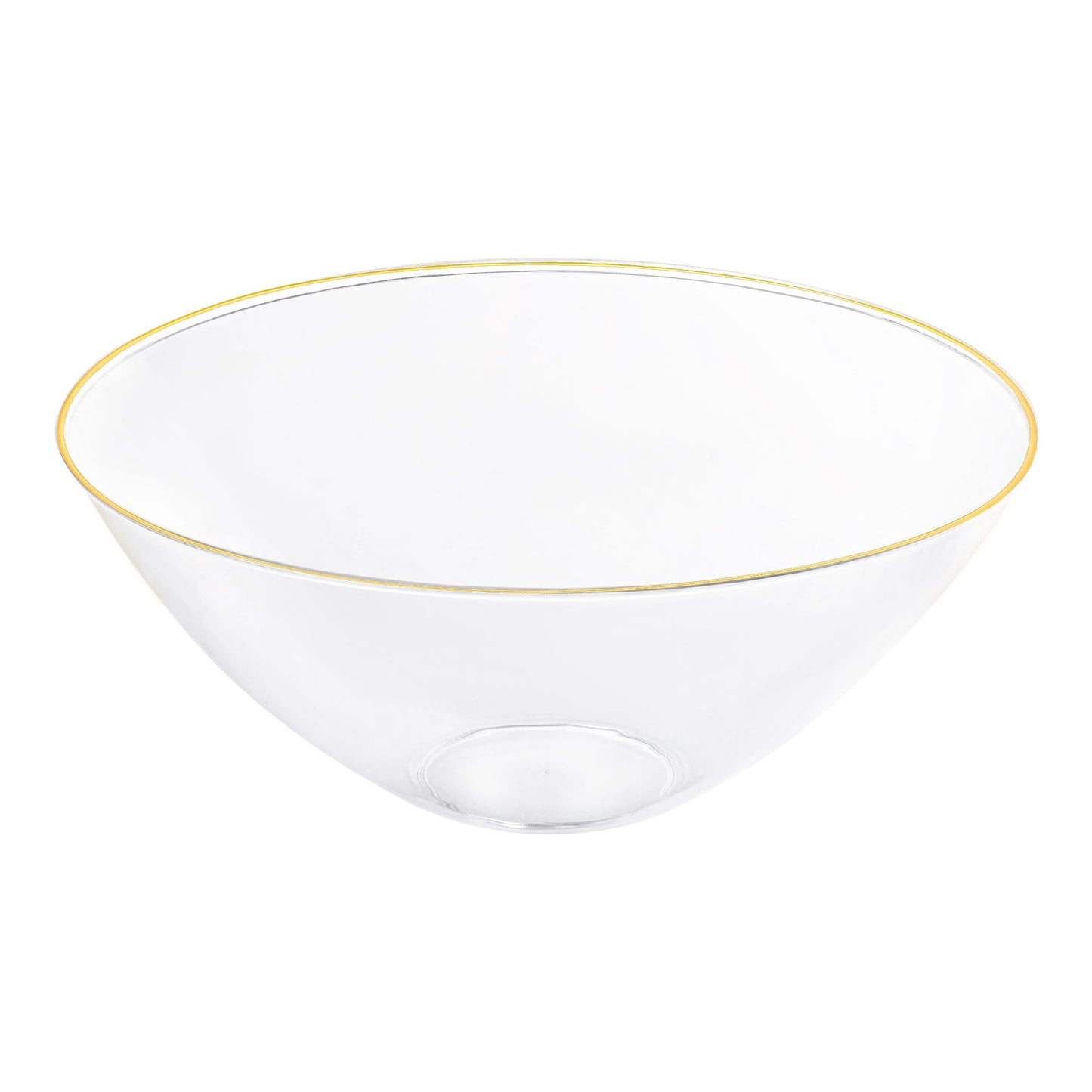 Clear round disposable plastic bowl with an elegant gold rim, 32 oz capacity