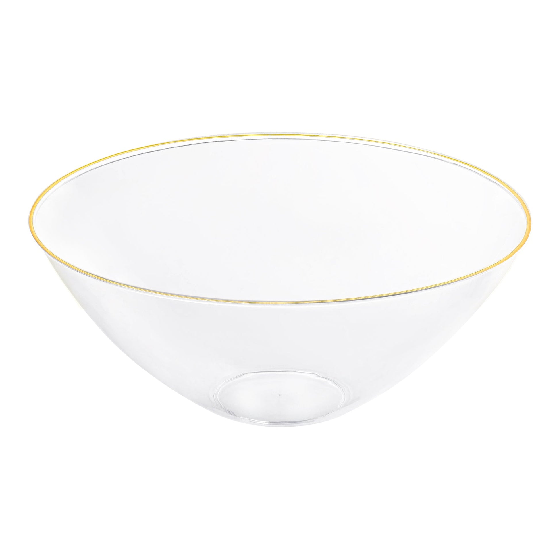 Clear round disposable plastic bowl with an elegant gold rim, 32 oz capacity