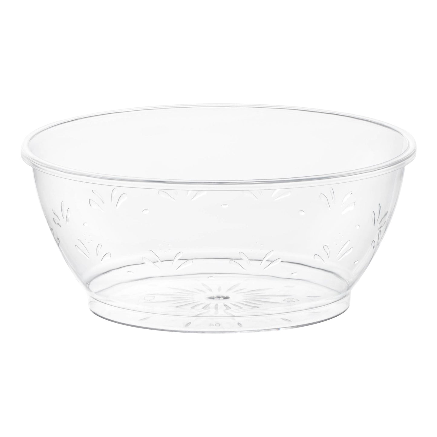 Clear round disposable plastic dessert bowl with a delicate floral design