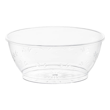 Clear round disposable plastic dessert bowl with a delicate floral design