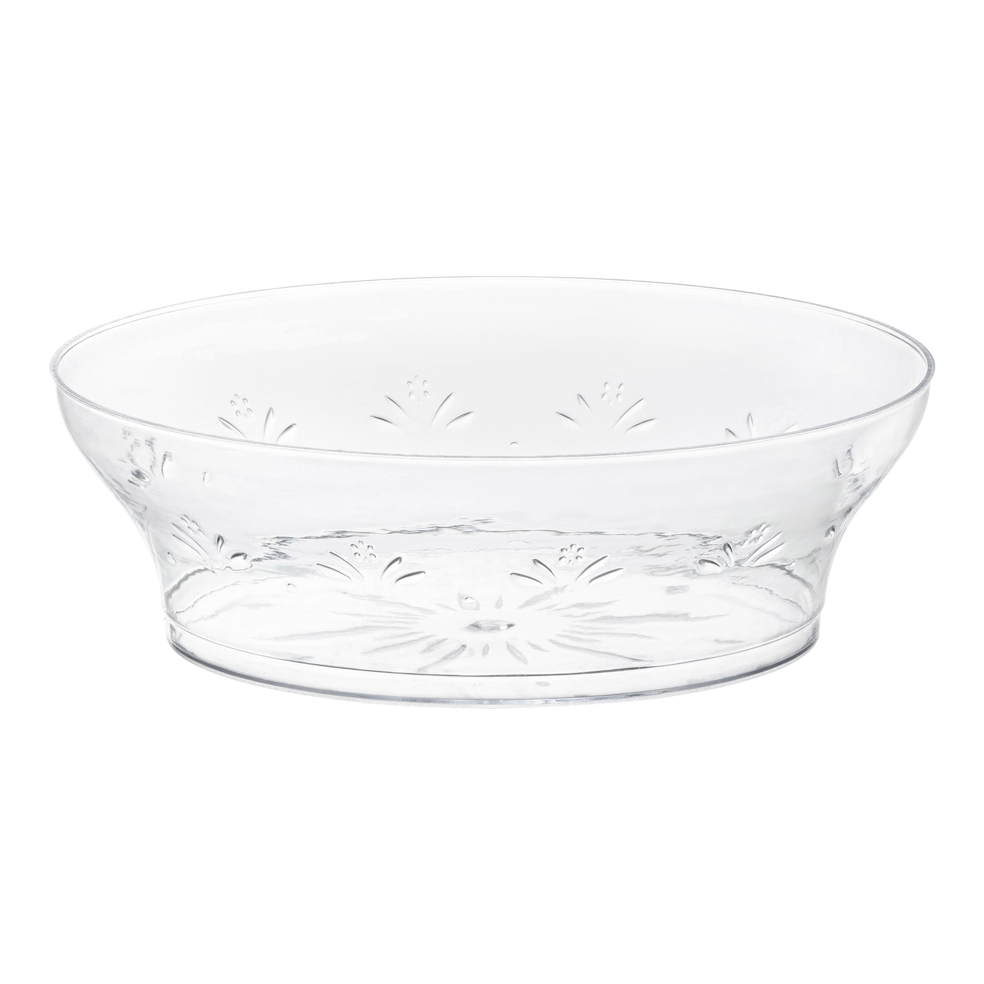 Clear round disposable plastic soup bowl with a floral design, 10 oz capacity