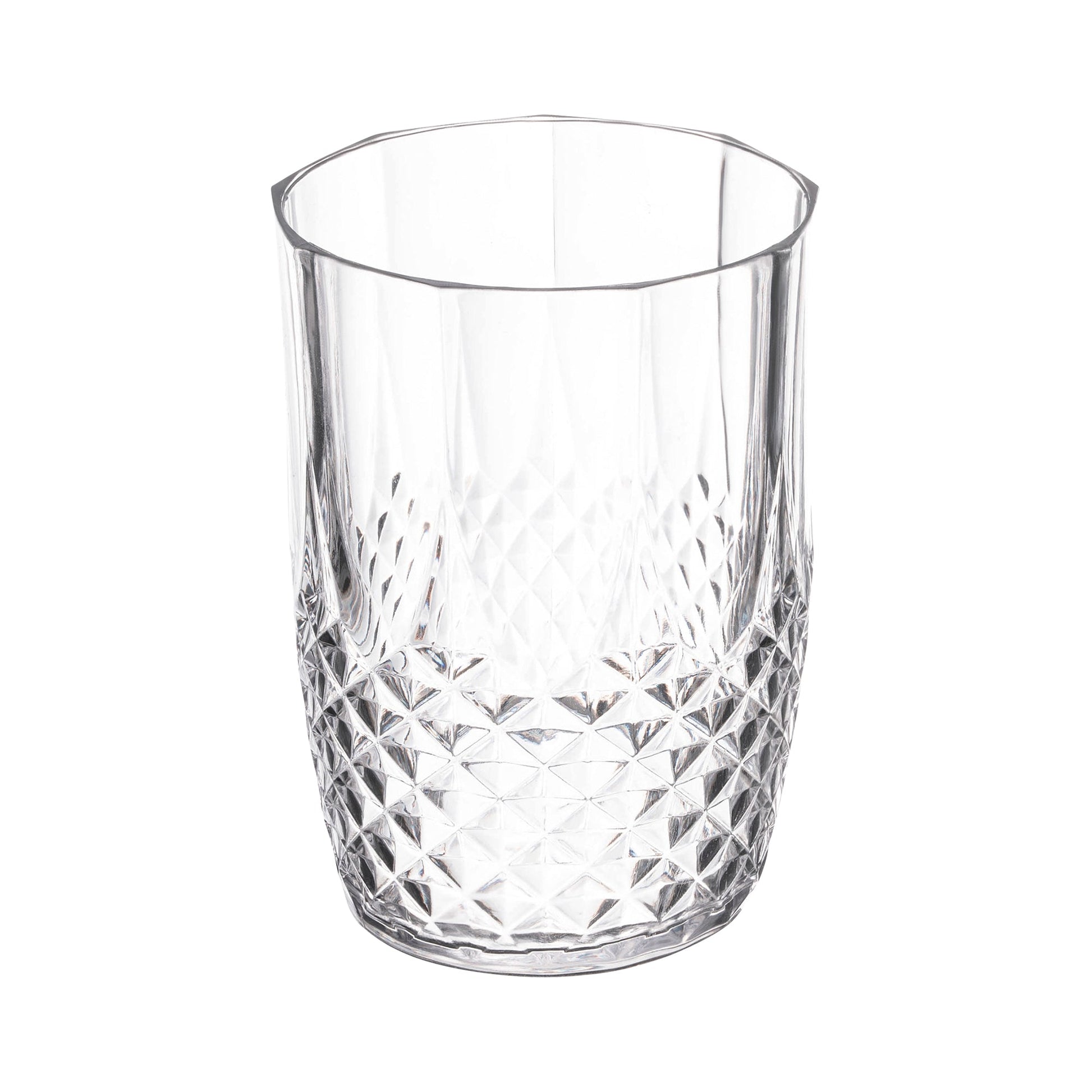 Clear round disposable plastic tumblers with a striped design, 16-ounce size