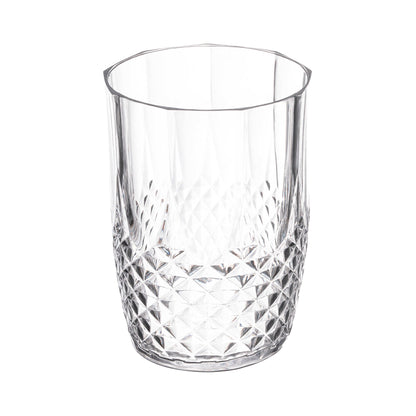 Clear round disposable plastic tumblers with a striped design, 16-ounce size