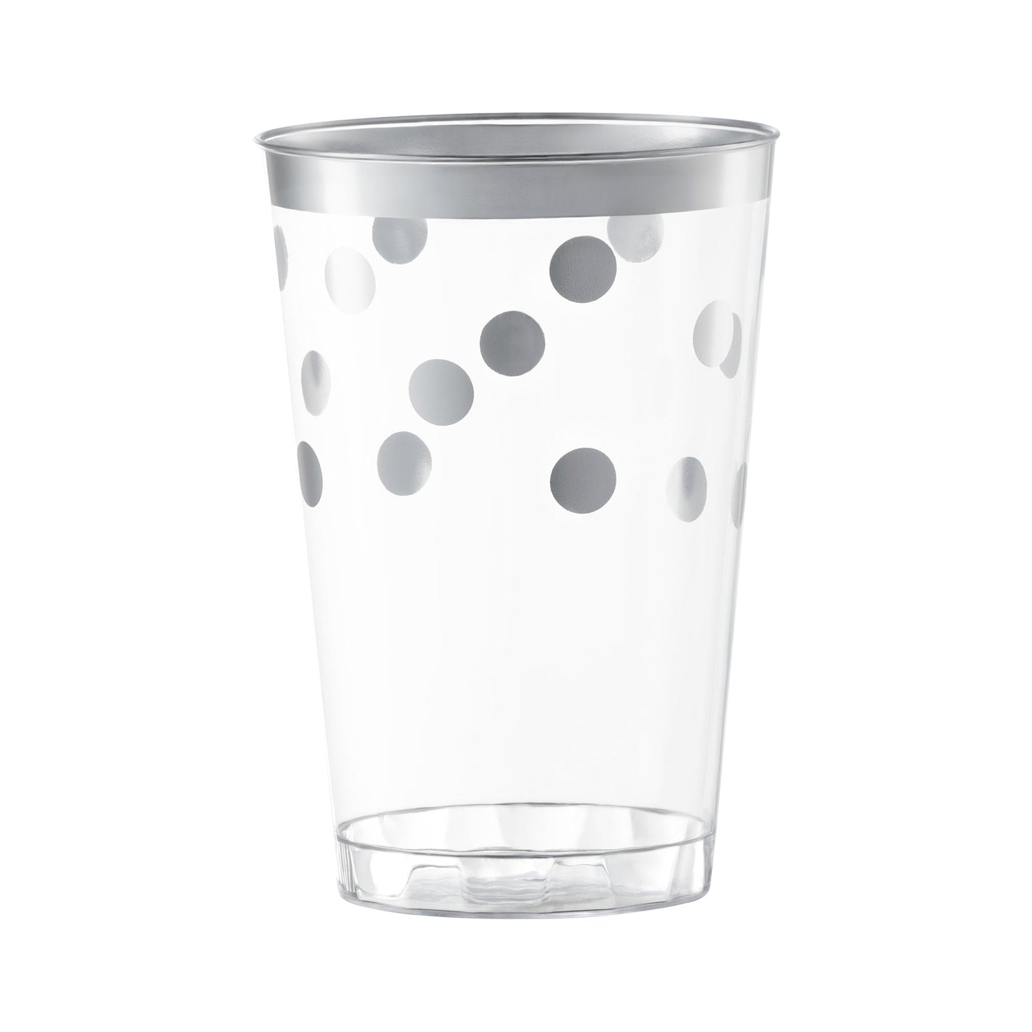 Clear round disposable plastic tumblers with silver dots, 12 oz capacity