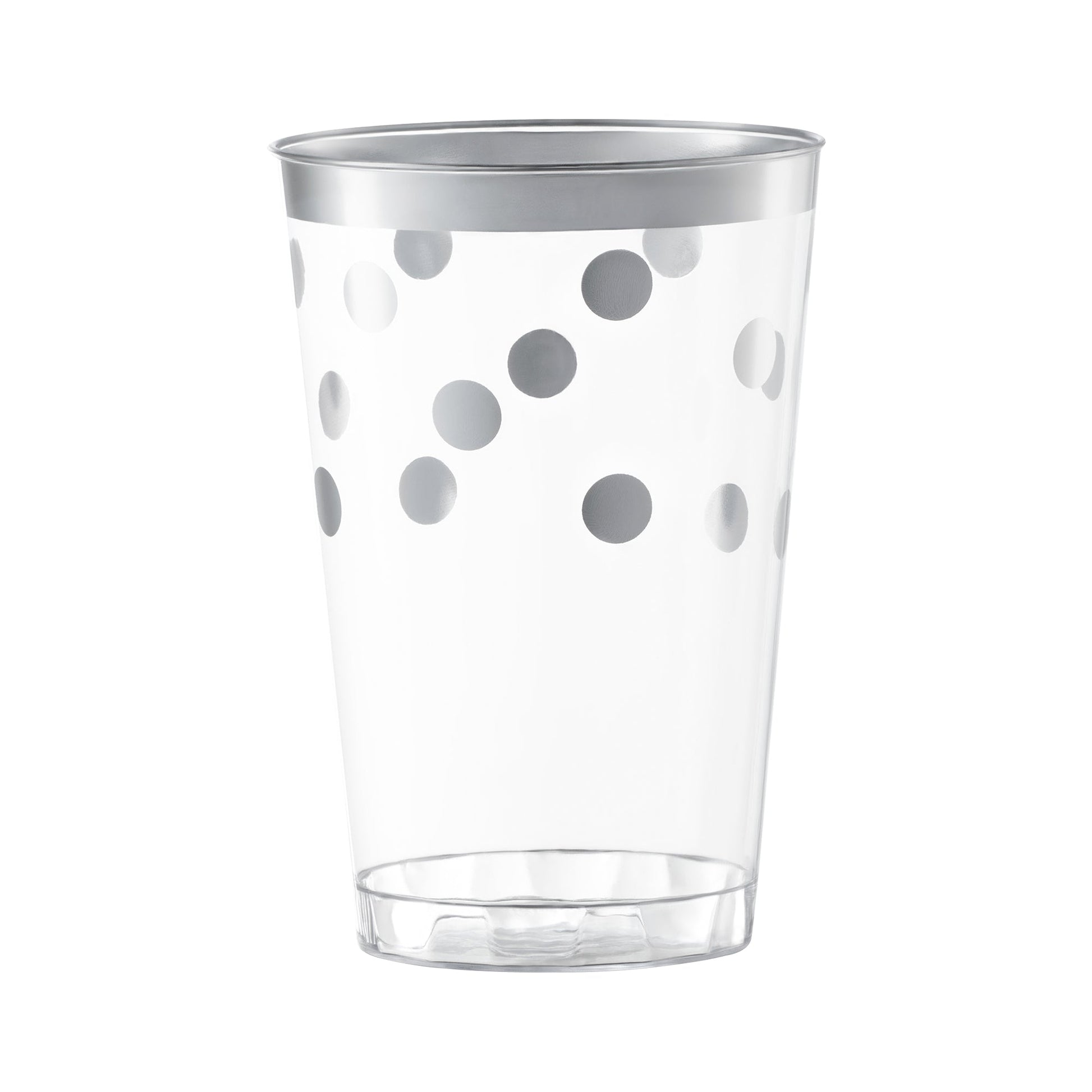 Clear round disposable plastic tumblers with silver dots, 12 oz capacity