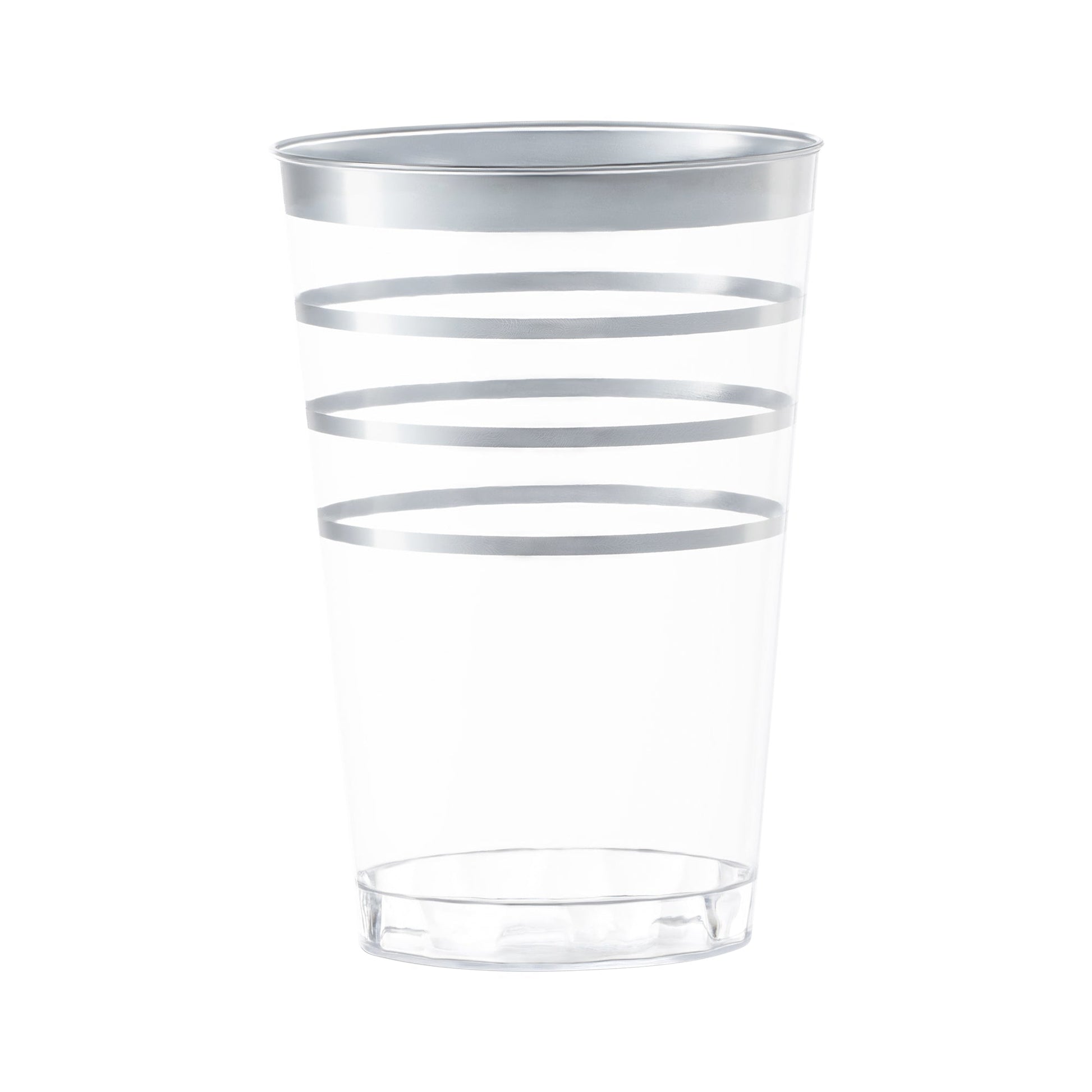 Clear round disposable plastic tumblers with silver stripes, 12 oz capacity