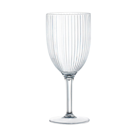 Clear round disposable plastic wine flutes with a striped design, 12-ounce size
