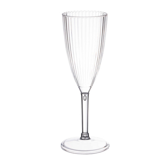 Clear round plastic champagne flute with a striped design, 8 oz capacity, disposable
