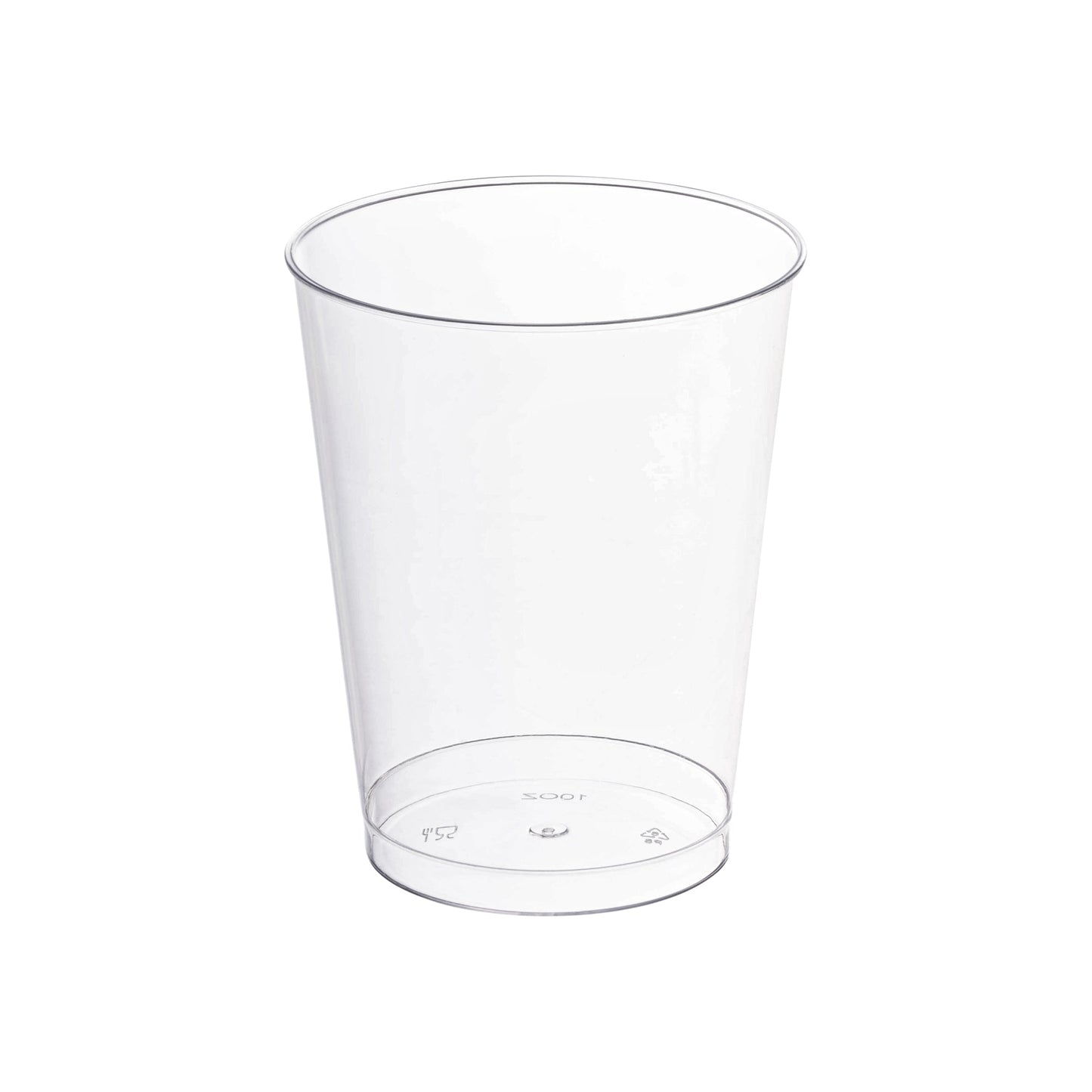 Clear round plastic cups, 10 oz capacity, sold in a pack of 500, perfect for serving beverages at parties and events.